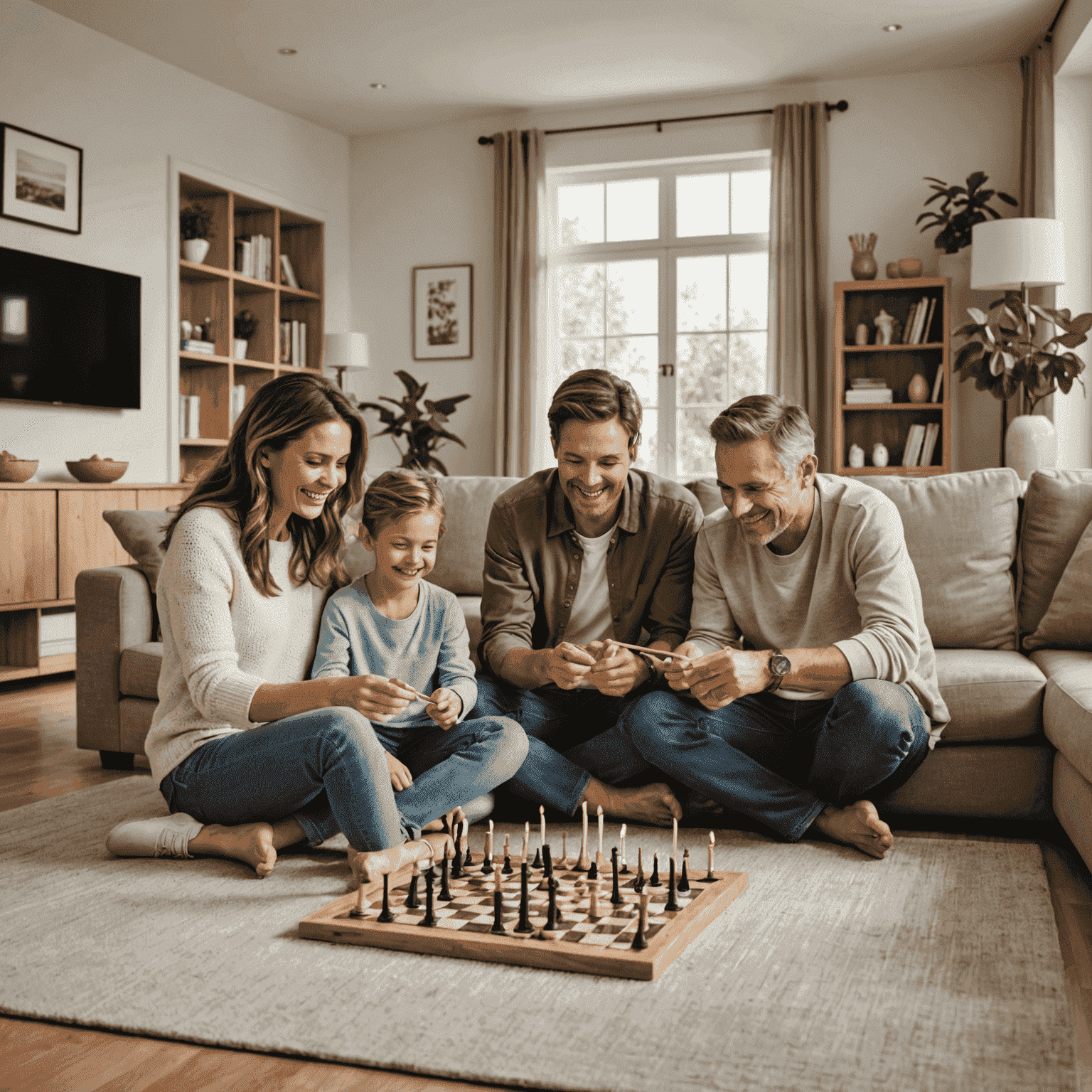 Familia jugando Stake en la sala de estar, sonriendo y disfrutando juntos